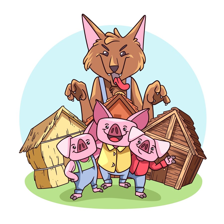 Illustration: the Big Bad Wolf, Three Little Pigs and three houses